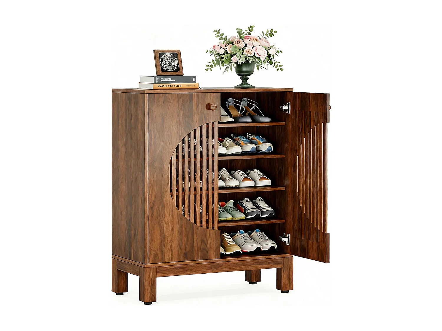 Meuble à Chaussures à 5 Niveaux avec Portes Rondes à persiennes, avec étagères réglables de rangement,73x35x101cm