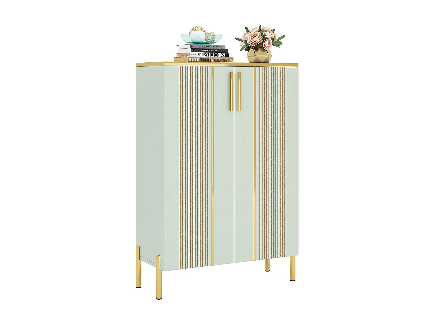 Meuble à chaussures, Meuble de rangement d'entrée  en bois vert clair à 6 niveaux avec étagères et portes réglables