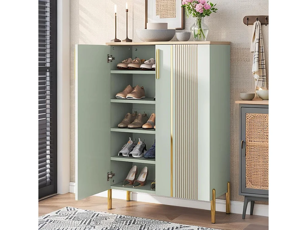Meuble à chaussures, Meuble de rangement d'entrée  en bois vert clair à 6 niveaux avec étagères et portes réglables