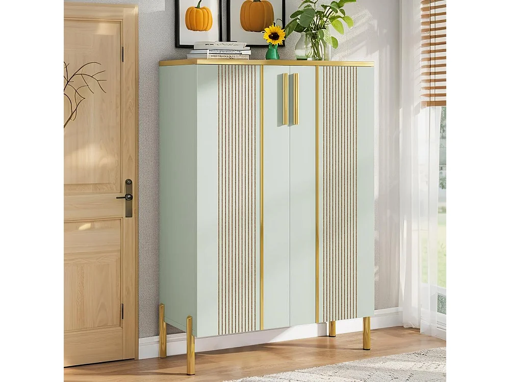 Meuble à chaussures, Meuble de rangement d'entrée  en bois vert clair à 6 niveaux avec étagères et portes réglables