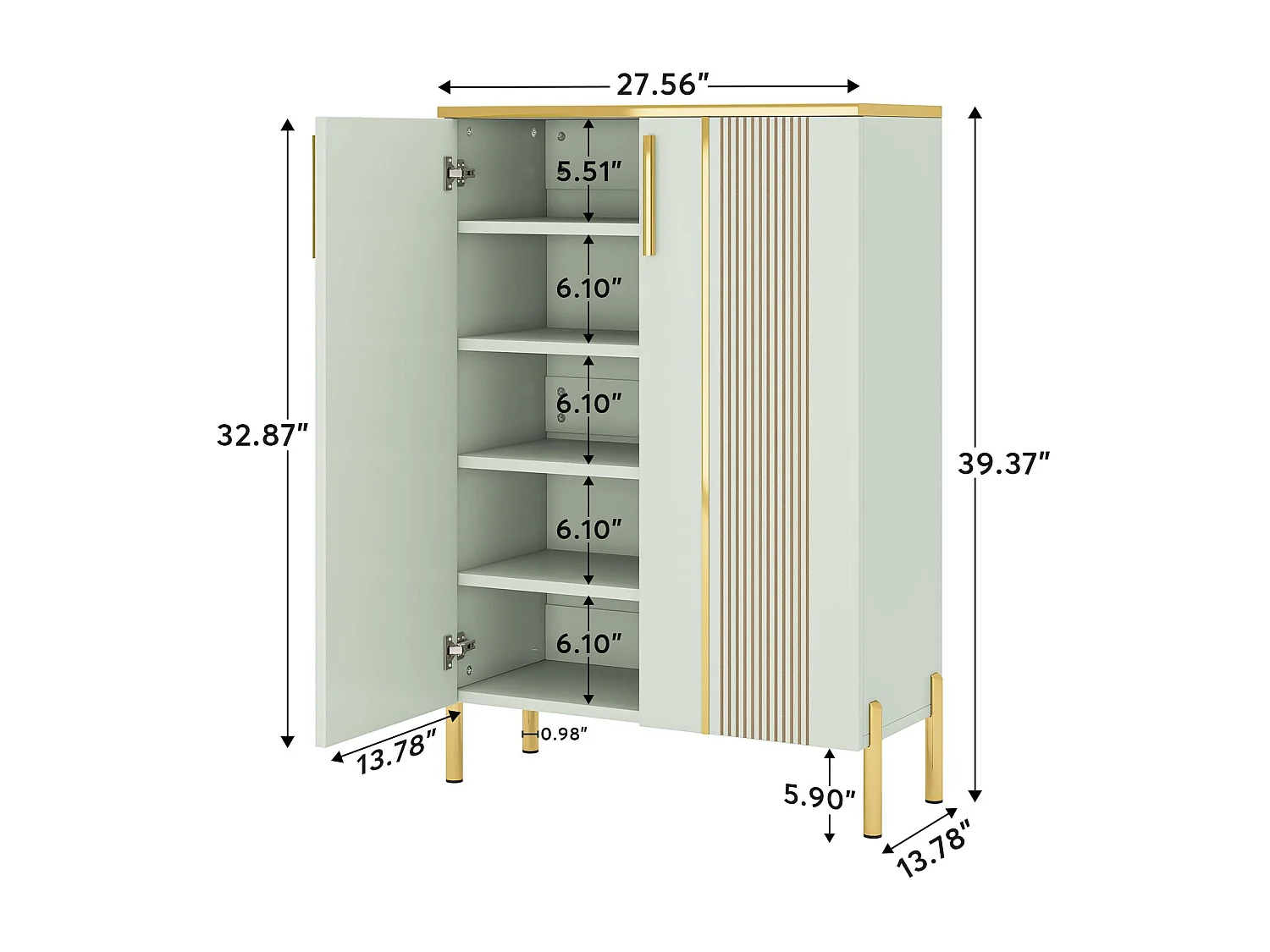 Meuble à chaussures, Meuble de rangement d'entrée  en bois vert clair à 6 niveaux avec étagères et portes réglables