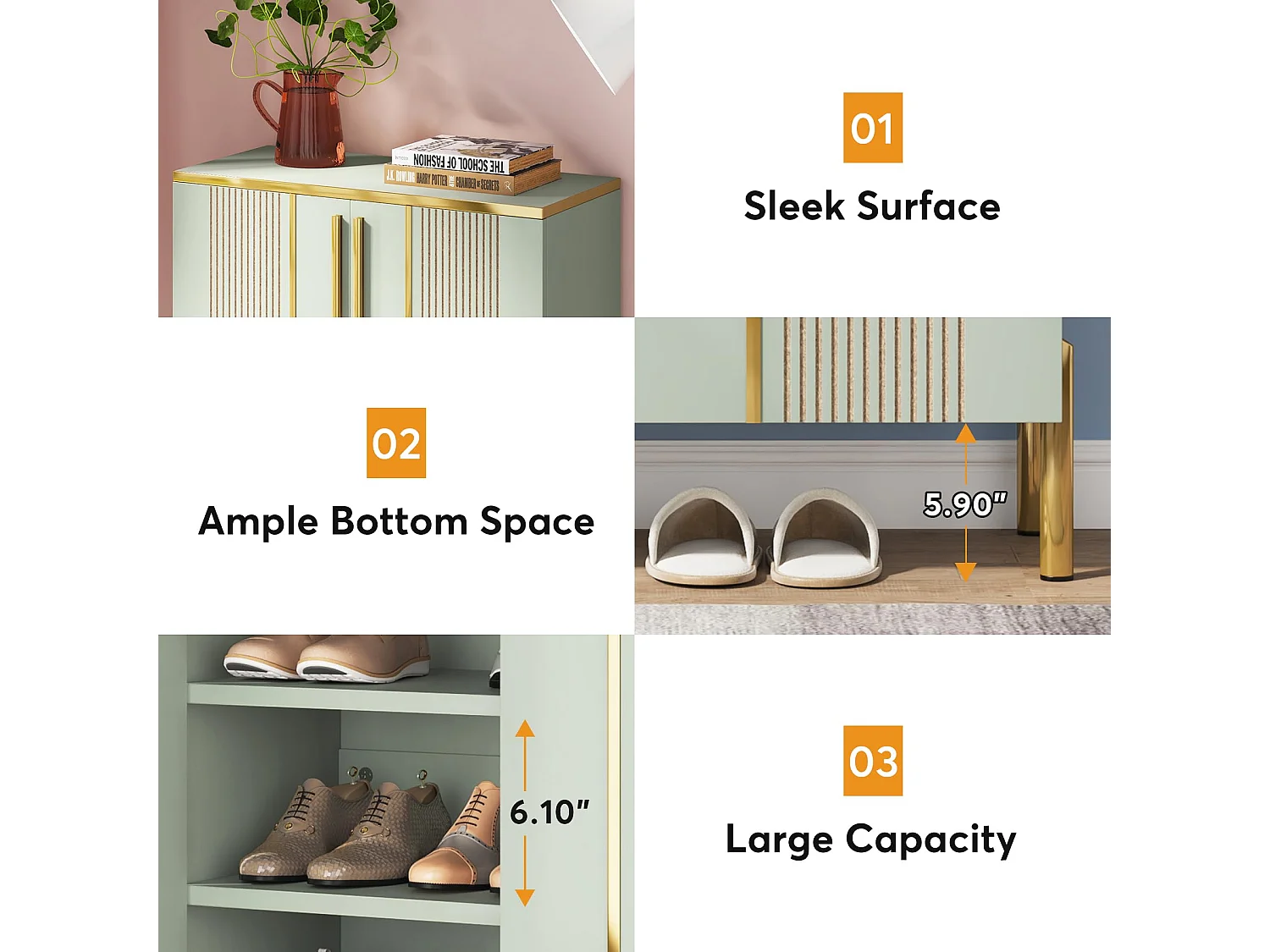 Meuble à chaussures, Meuble de rangement d'entrée  en bois vert clair à 6 niveaux avec étagères et portes réglables