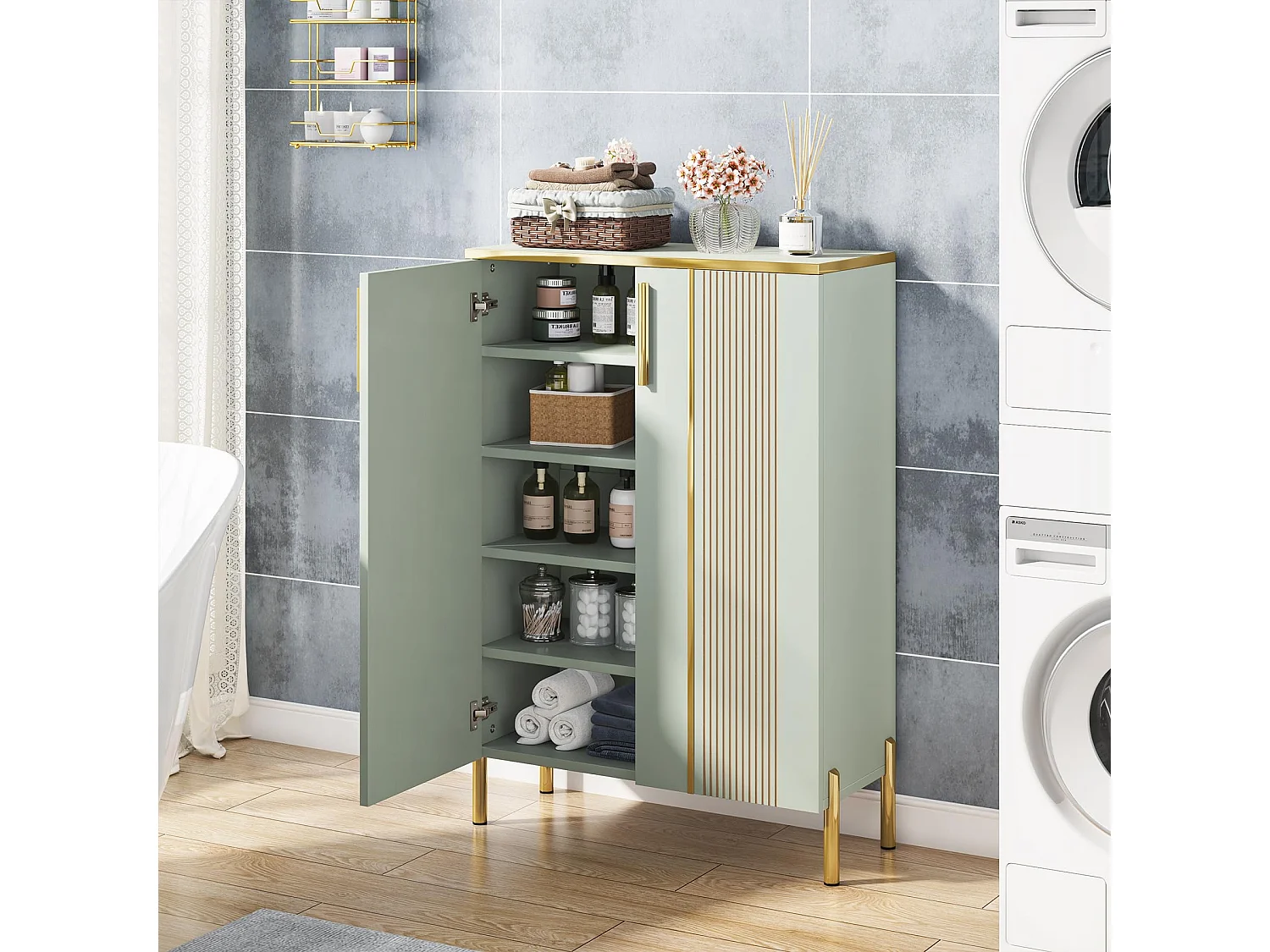 Meuble à chaussures, Meuble de rangement d'entrée  en bois vert clair à 6 niveaux avec étagères et portes réglables