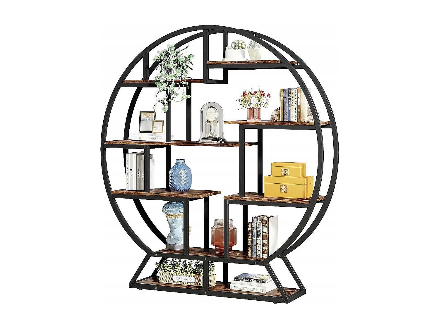 Bibliothèque Ronde à 5 Niveaux, Haute bibliothèque Autonome avec étagère de Rangement à 8 Ouvertures pour Salon, Bureau, Industrielle