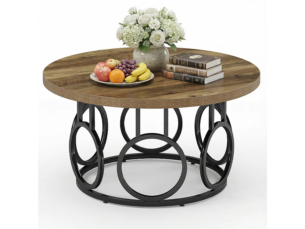 Table basse ronde de 80 cm, table basse circulaire rustique avec base en métal, meuble d'appoint industriel,pour Salon, Chambre à Coucher