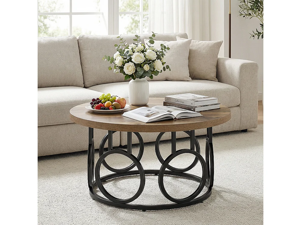 Table basse ronde de 80 cm, table basse circulaire rustique avec base en métal, meuble d'appoint industriel,pour Salon, Chambre à Coucher