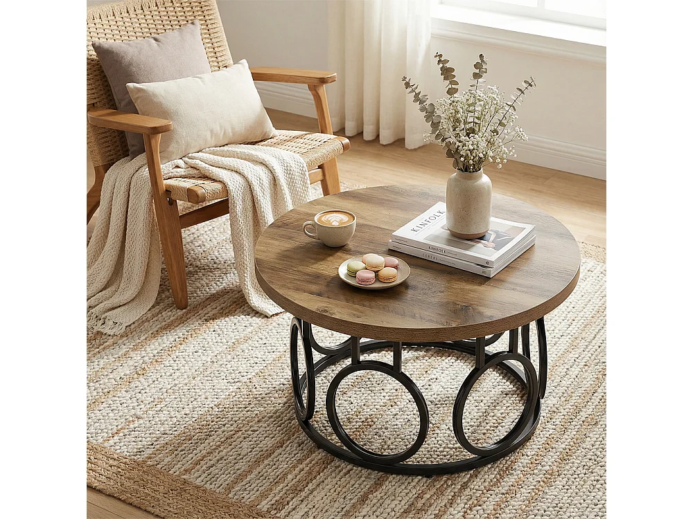 Table basse ronde de 80 cm, table basse circulaire rustique avec base en métal, meuble d'appoint industriel,pour Salon, Chambre à Coucher