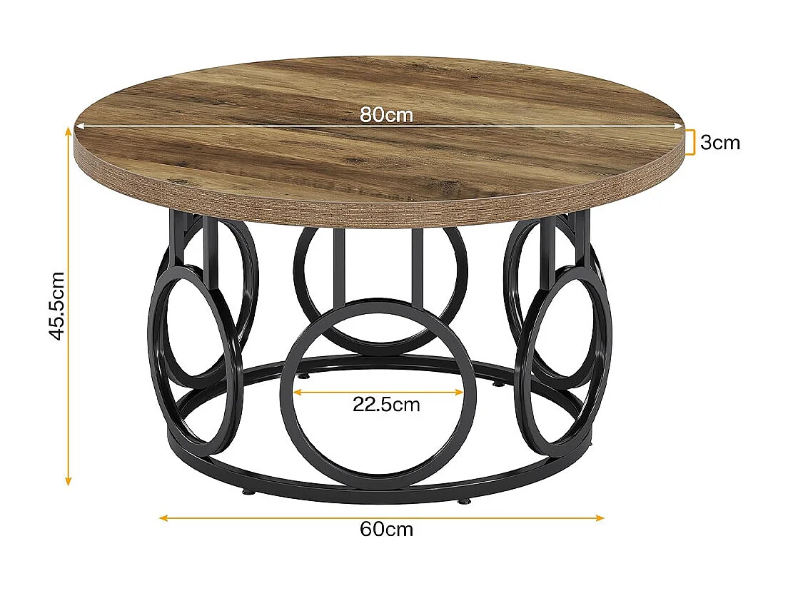 Table basse ronde de 80 cm, table basse circulaire rustique avec base en métal, meuble d'appoint industriel,pour Salon, Chambre à Coucher