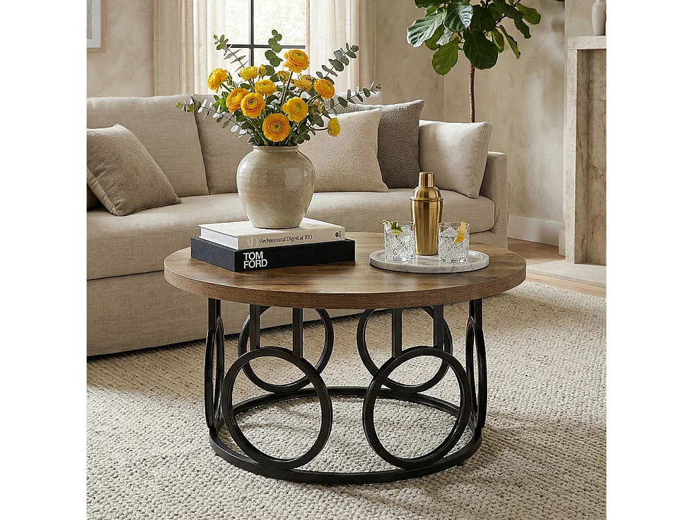 Table basse ronde de 80 cm, table basse circulaire rustique avec base en métal, meuble d'appoint industriel,pour Salon, Chambre à Coucher