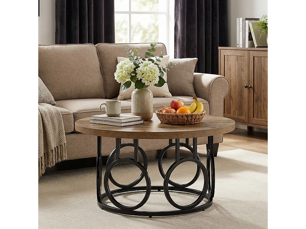 Table basse ronde de 80 cm, table basse circulaire rustique avec base en métal, meuble d'appoint industriel,pour Salon, Chambre à Coucher