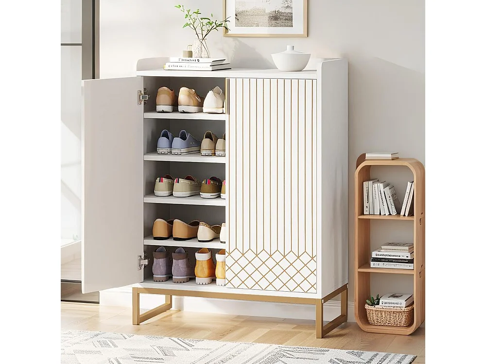 Meuble à chaussures 5 niveaux, 75 x 35 x 105 cm ,Grande capacité ,Étagères,Blanc,Structure en métal doré