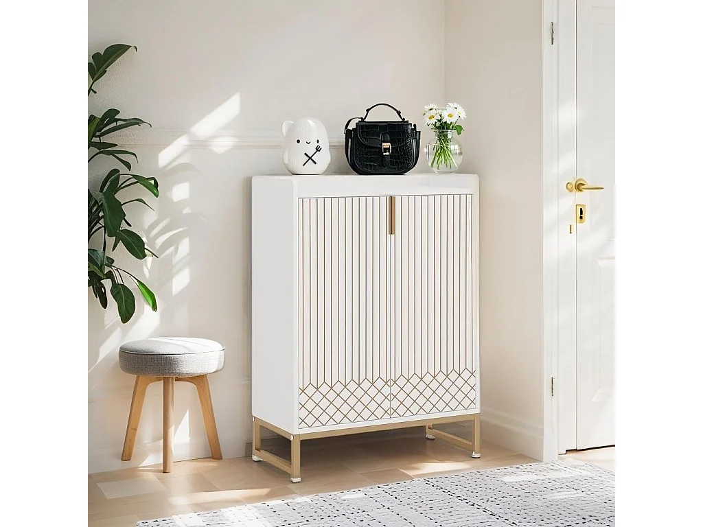 Meuble à chaussures 5 niveaux, 75 x 35 x 105 cm ,Grande capacité ,Étagères,Blanc,Structure en métal doré