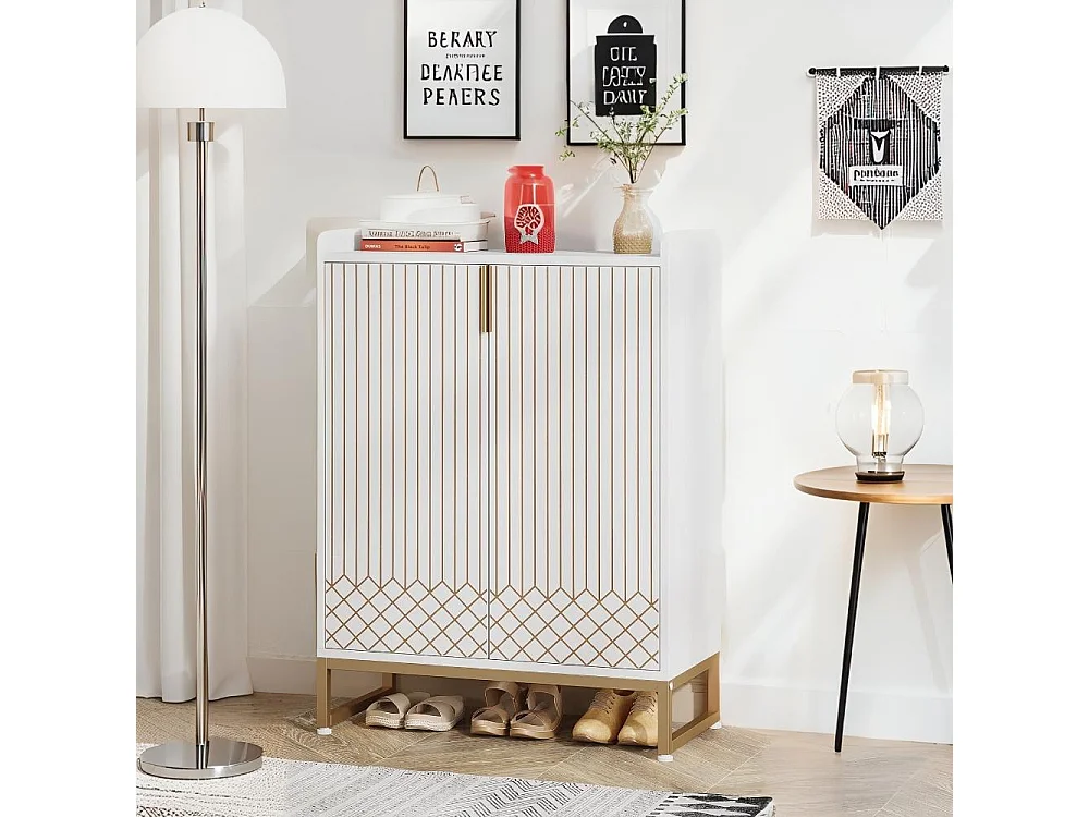 Meuble à chaussures 5 niveaux, 75 x 35 x 105 cm ,Grande capacité ,Étagères,Blanc,Structure en métal doré