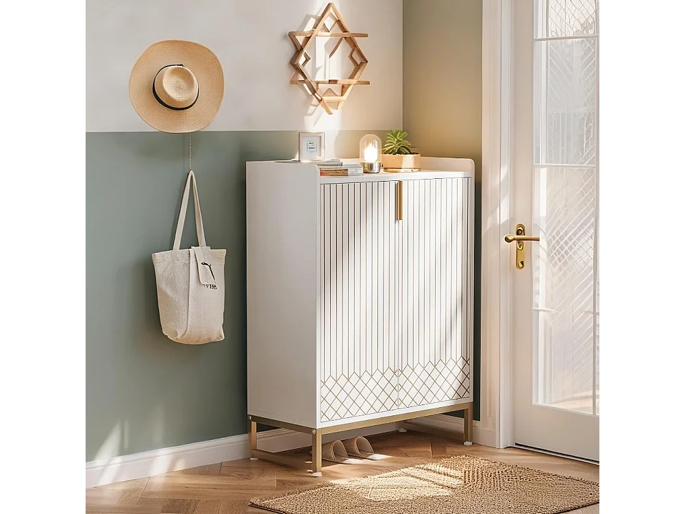 Meuble à chaussures 5 niveaux, 75 x 35 x 105 cm ,Grande capacité ,Étagères,Blanc,Structure en métal doré