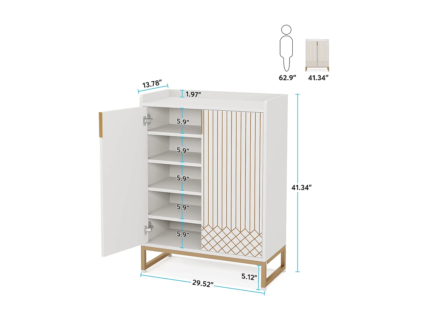 Meuble à chaussures 5 niveaux, 75 x 35 x 105 cm ,Grande capacité ,Étagères,Blanc,Structure en métal doré
