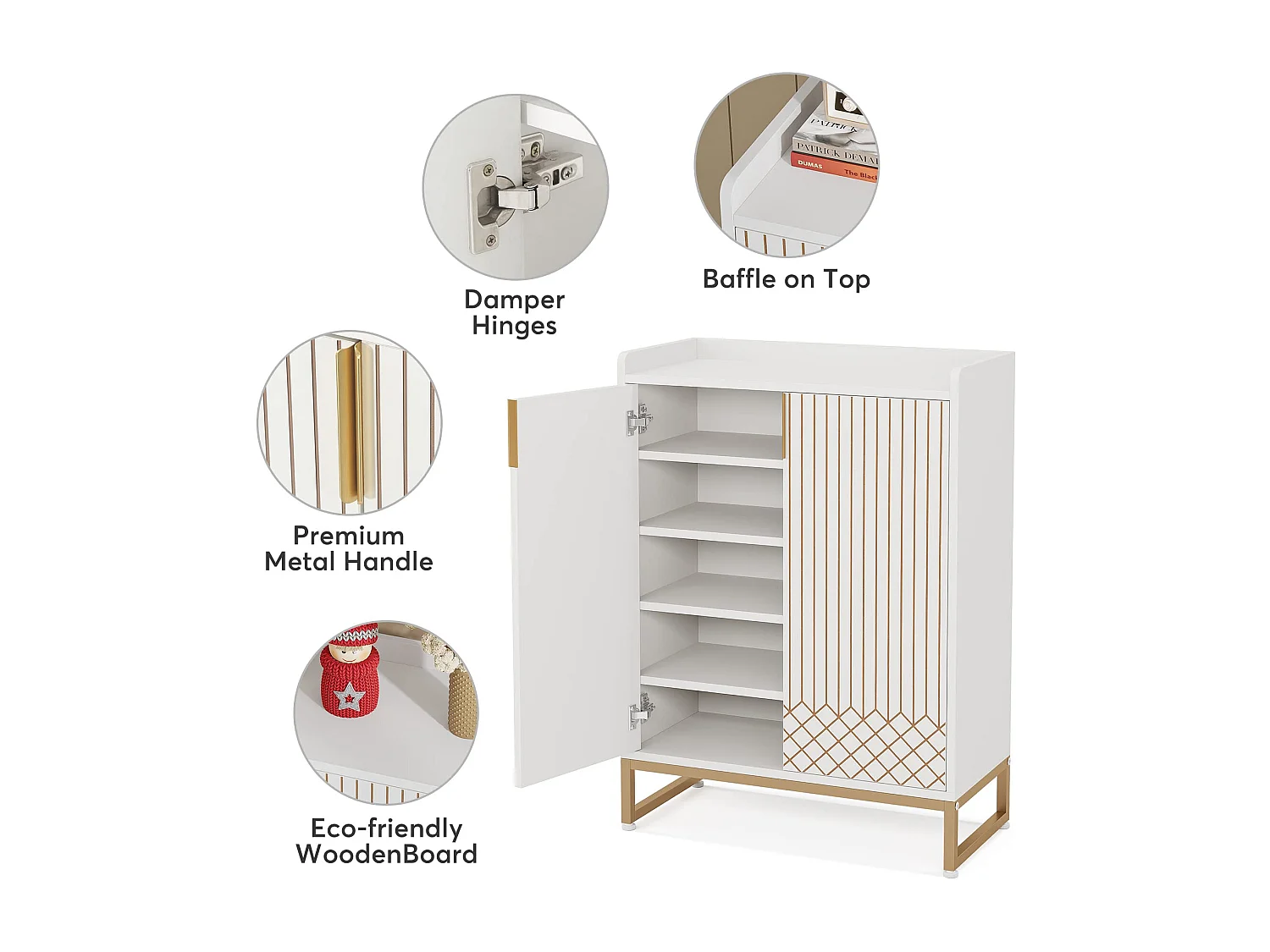 Meuble à chaussures 5 niveaux, 75 x 35 x 105 cm ,Grande capacité ,Étagères,Blanc,Structure en métal doré