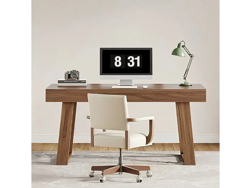 Bureau d'ordinateur de 140 cm,Table Simple avec tiroir de rangment, bureau de direction marron rétro