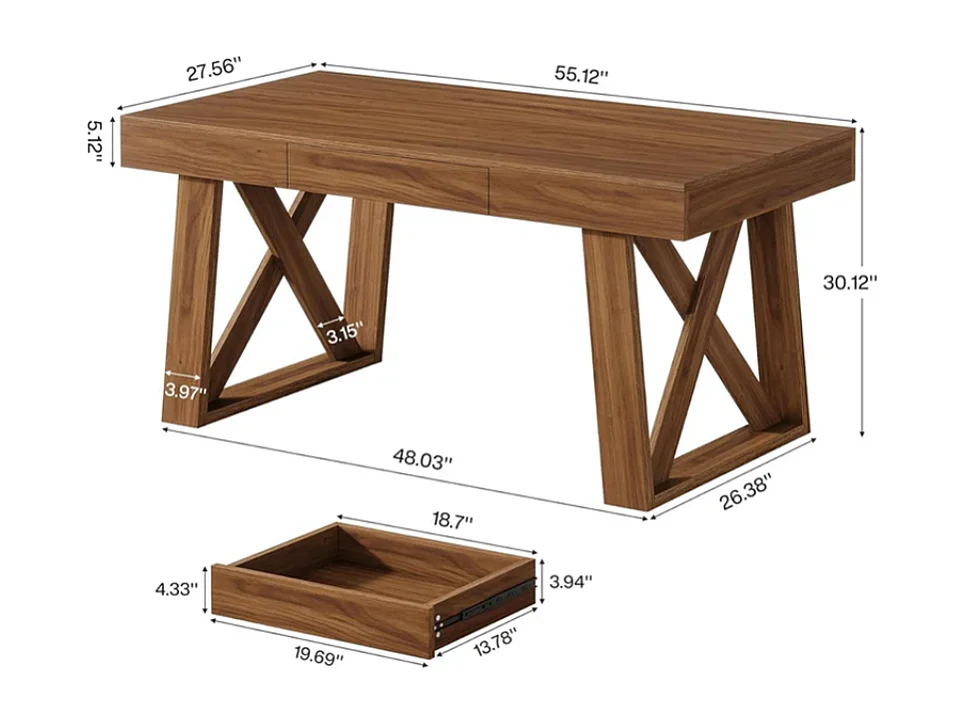 Bureau d'ordinateur de 140 cm,Table Simple avec tiroir de rangment, bureau de direction marron rétro