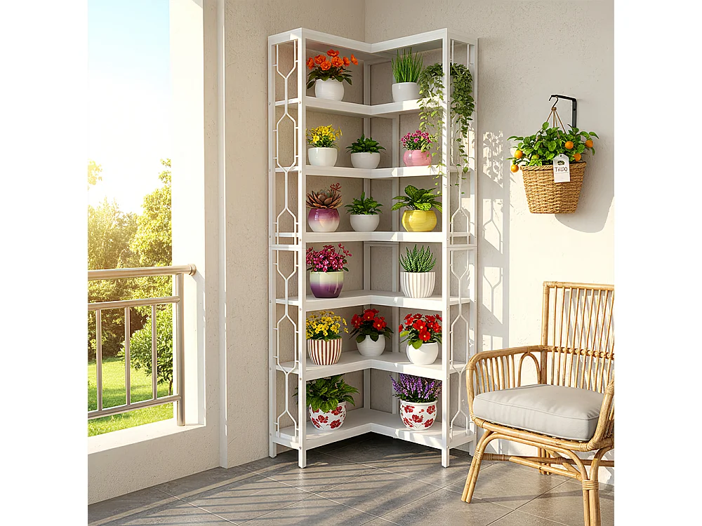 Bibliothèque d'angle à 7 Niveaux, étagère Industrielle en Bois et Métal, étagère d'affichage autoportante pour Le Salon