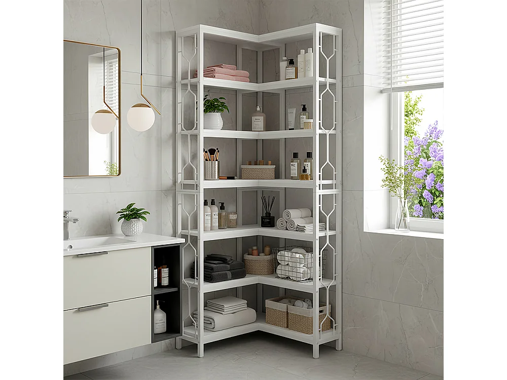 Bibliothèque d'angle à 7 Niveaux, étagère Industrielle en Bois et Métal, étagère d'affichage autoportante pour Le Salon