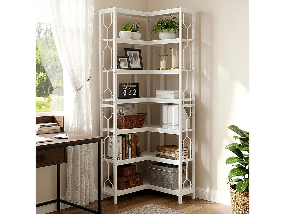 Bibliothèque d'angle à 7 Niveaux, étagère Industrielle en Bois et Métal, étagère d'affichage autoportante pour Le Salon