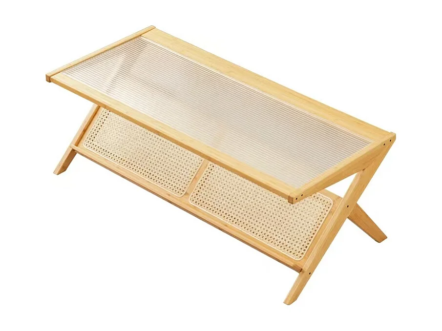 Table basse de salon avec rangement à 2 niveaux, Table rectangulaire en rotin et verre, idéale pour le salon, couleur de bois, 120 x 55 x 43,5 cm