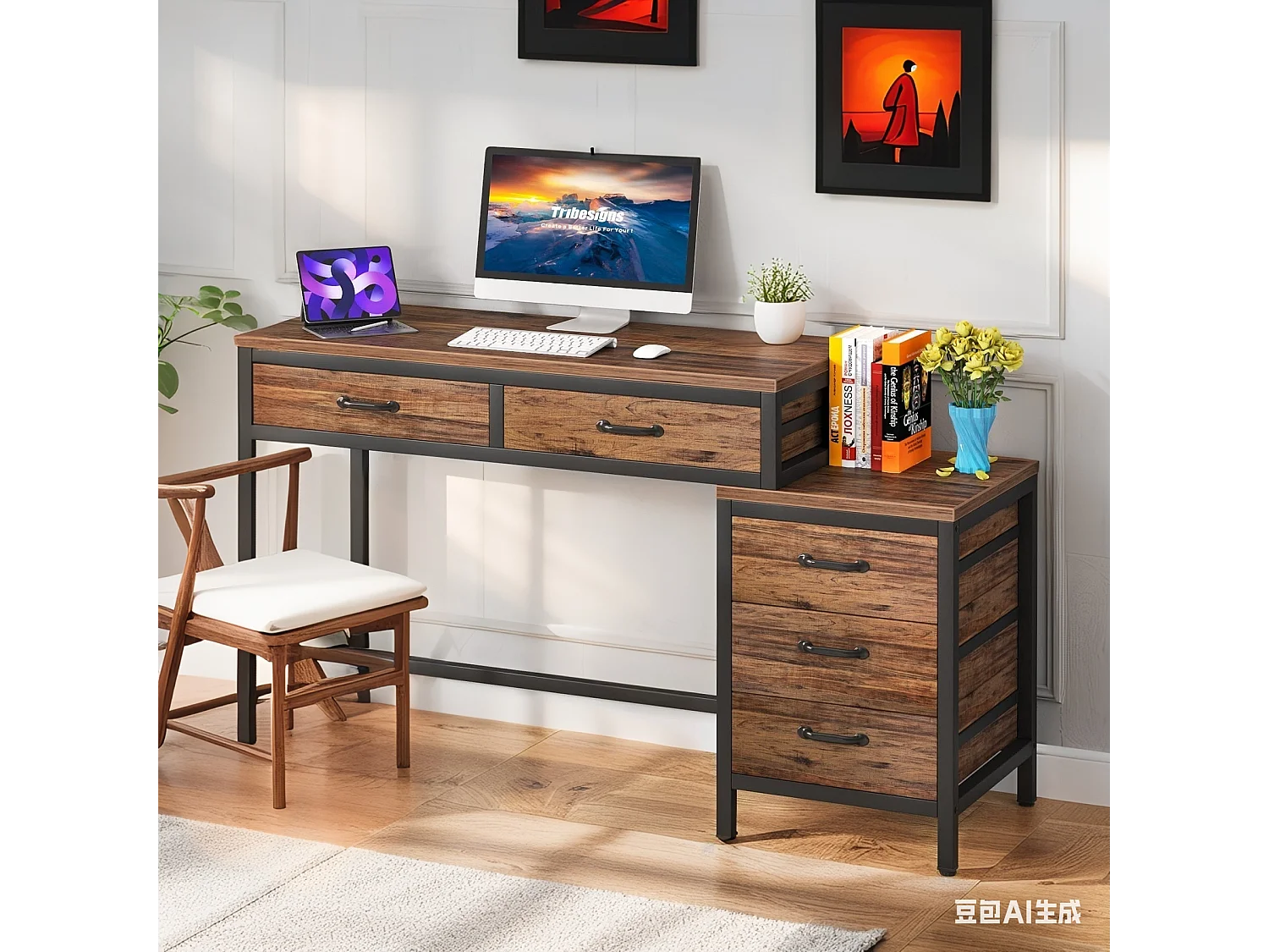 Bureau d'ordinateur, Table de Bureau avec 5 Tiroirs, Bureau Informatique avec Armoire à tiroirs réversible Support d'imprimante pour bureau domicile