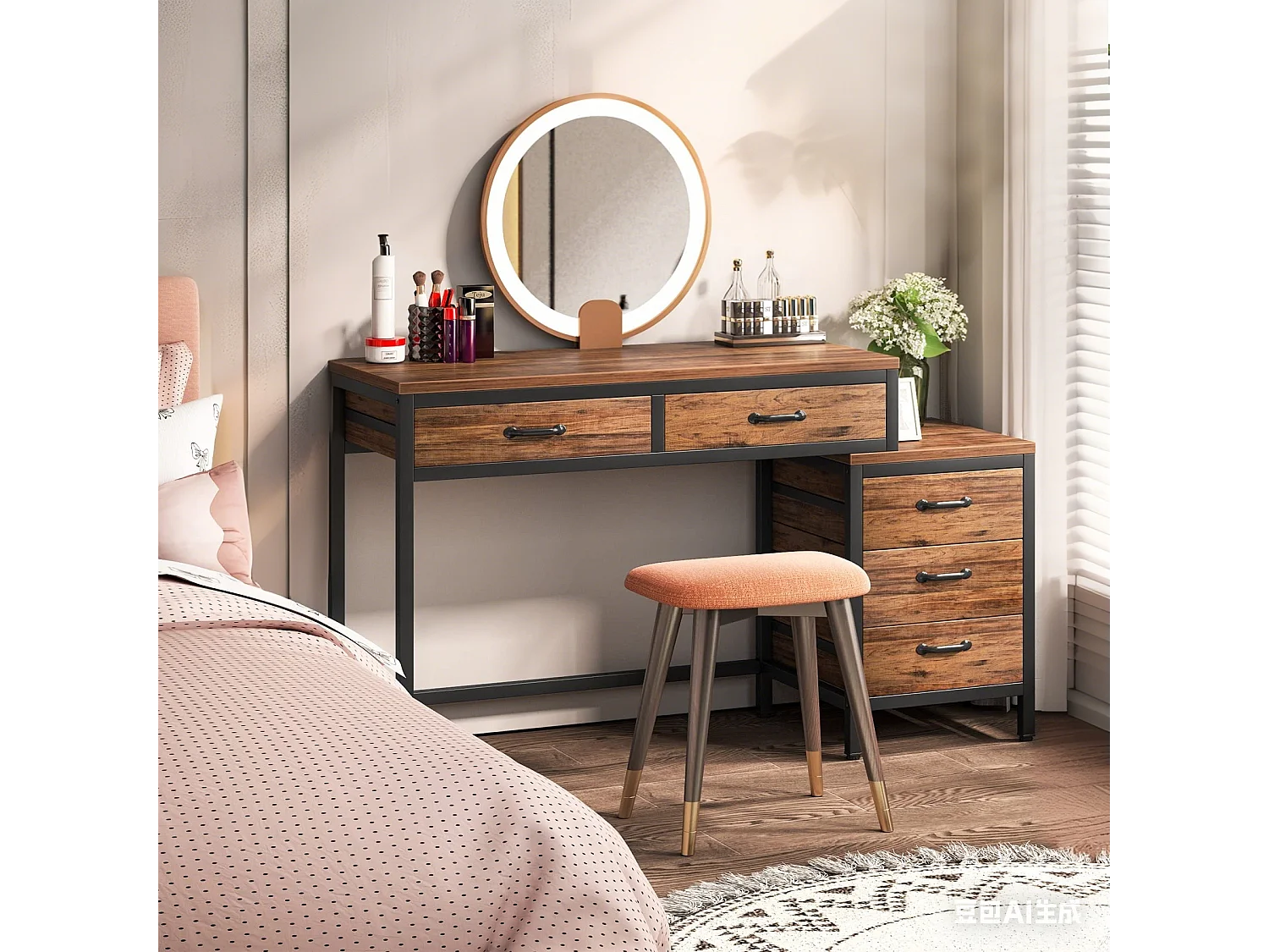 Bureau d'ordinateur, Table de Bureau avec 5 Tiroirs, Bureau Informatique avec Armoire à tiroirs réversible Support d'imprimante pour bureau domicile