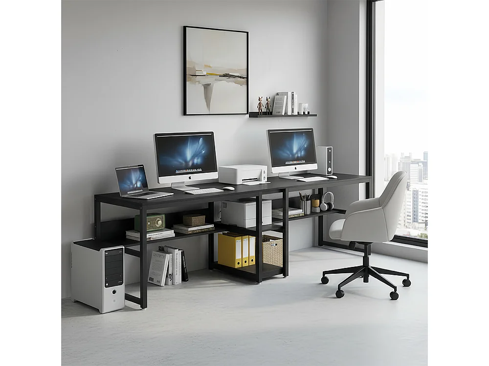 200cm Bureau double pour deux personnes avec rangement, bureau d'ordinateur  pour Le télétravail, Poste de Travail , noir