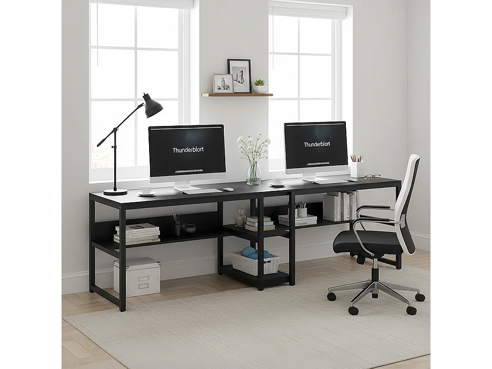 200cm Bureau double pour deux personnes avec rangement, bureau d'ordinateur  pour Le télétravail, Poste de Travail , noir