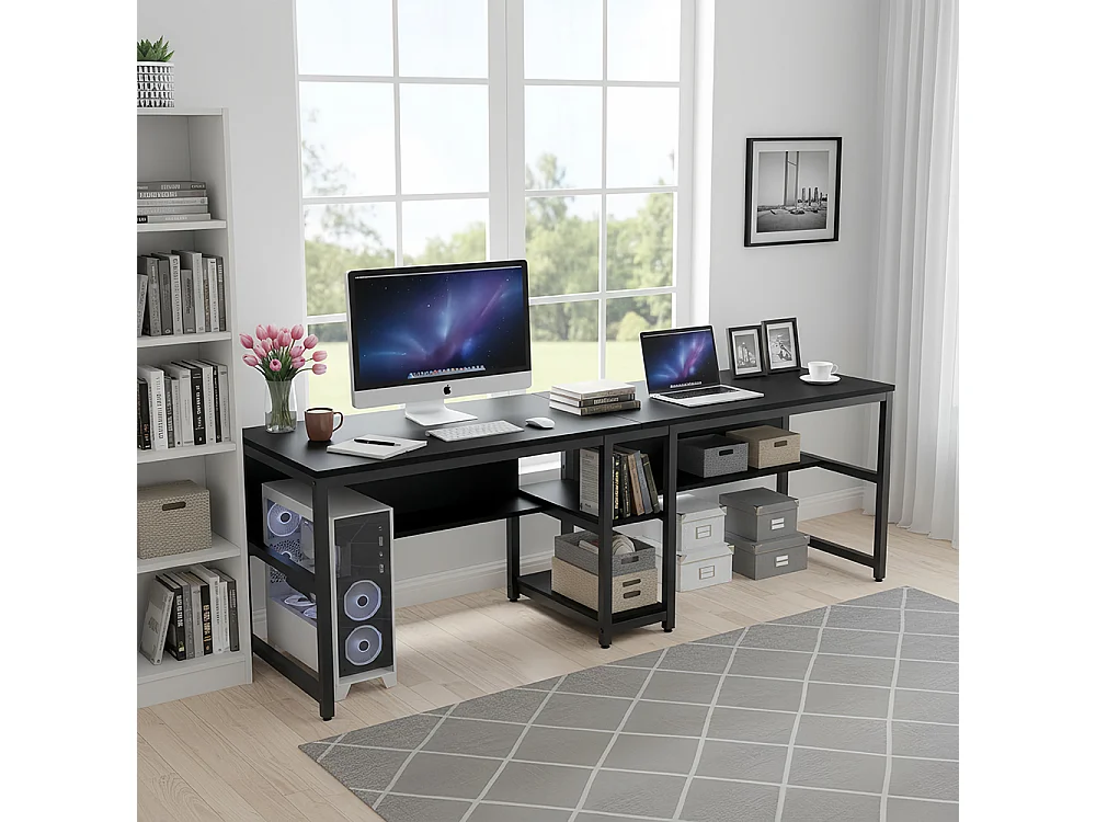 200cm Bureau double pour deux personnes avec rangement, bureau d'ordinateur  pour Le télétravail, Poste de Travail , noir