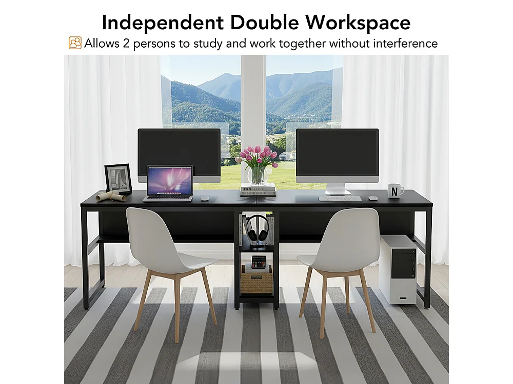 200cm Bureau double pour deux personnes avec rangement, bureau d'ordinateur  pour Le télétravail, Poste de Travail , noir