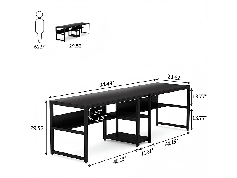 200cm Bureau double pour deux personnes avec rangement, bureau d'ordinateur  pour Le télétravail, Poste de Travail , noir