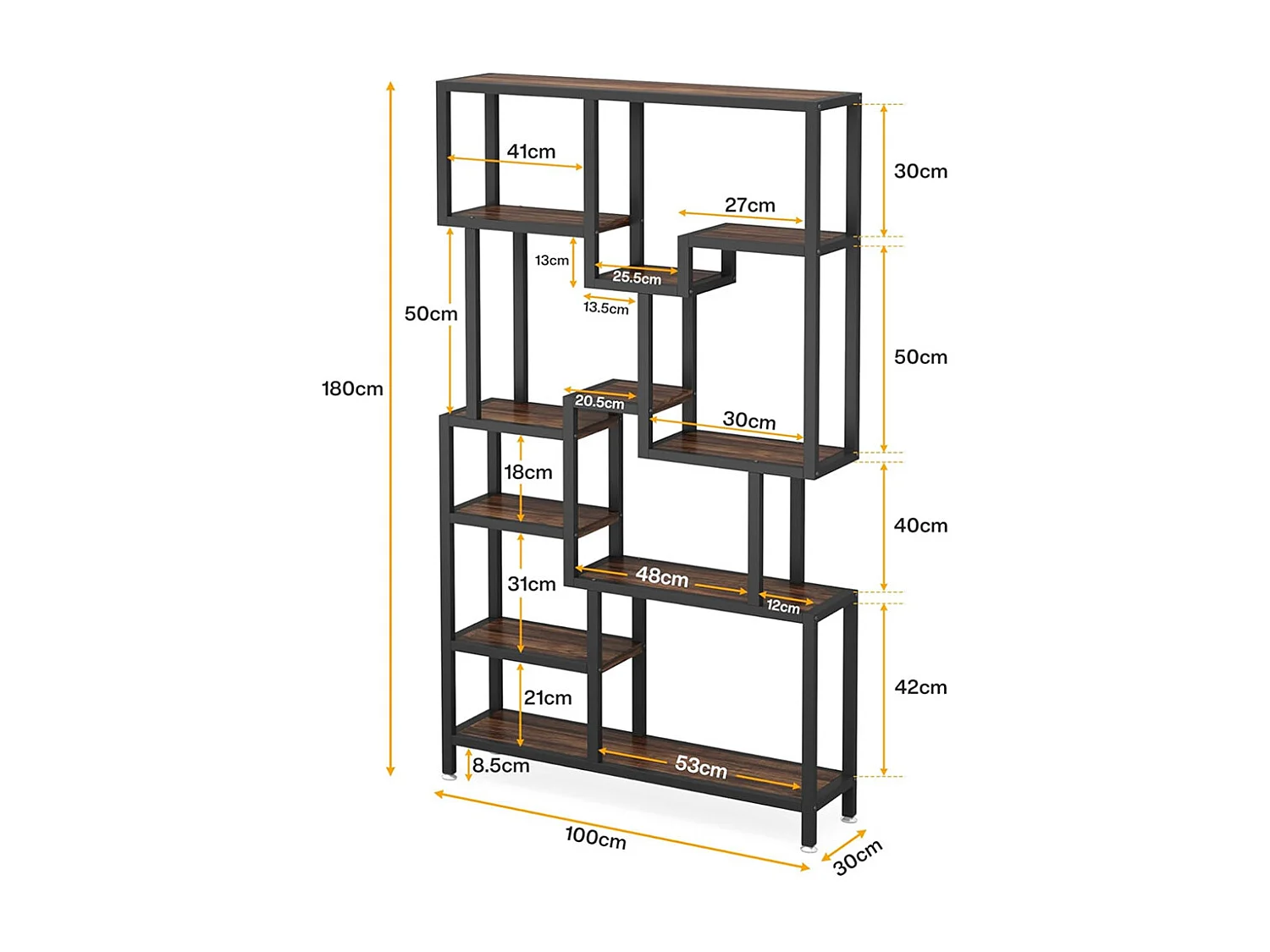 Bibliothèque Industrielle à 7 Niveaux de Rangement, Bibliothèque de 180 cm de Hauteur, étagère Ouverte avec Cadre en métal