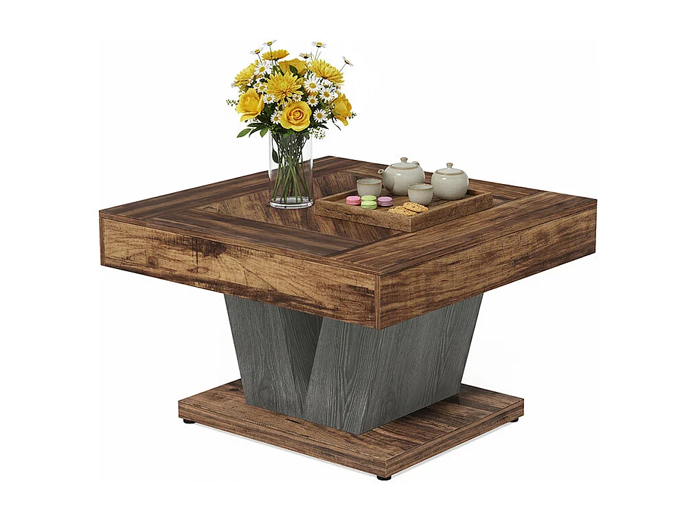 Table Basse Carrée 80cm, Table Basse En Bois Pour Salon, Moderne/Industriel/Rustique, Marron et Noir