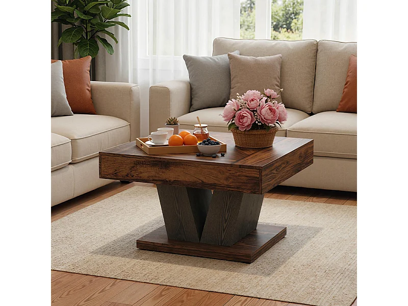 Table Basse Carrée 80cm, Table Basse En Bois Pour Salon, Moderne/Industriel/Rustique, Marron et Noir