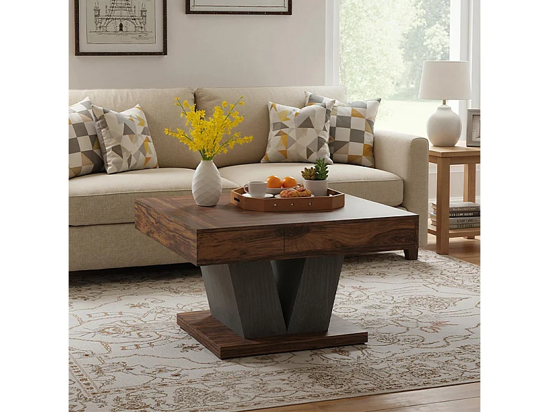 Table Basse Carrée 80cm, Table Basse En Bois Pour Salon, Moderne/Industriel/Rustique, Marron et Noir