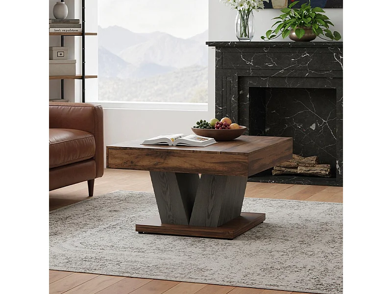 Table Basse Carrée 80cm, Table Basse En Bois Pour Salon, Moderne/Industriel/Rustique, Marron et Noir