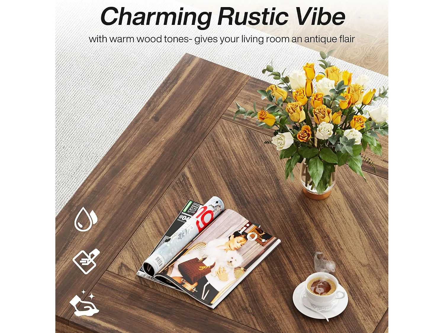 Table Basse Carrée 80cm, Table Basse En Bois Pour Salon, Moderne/Industriel/Rustique, Marron et Noir