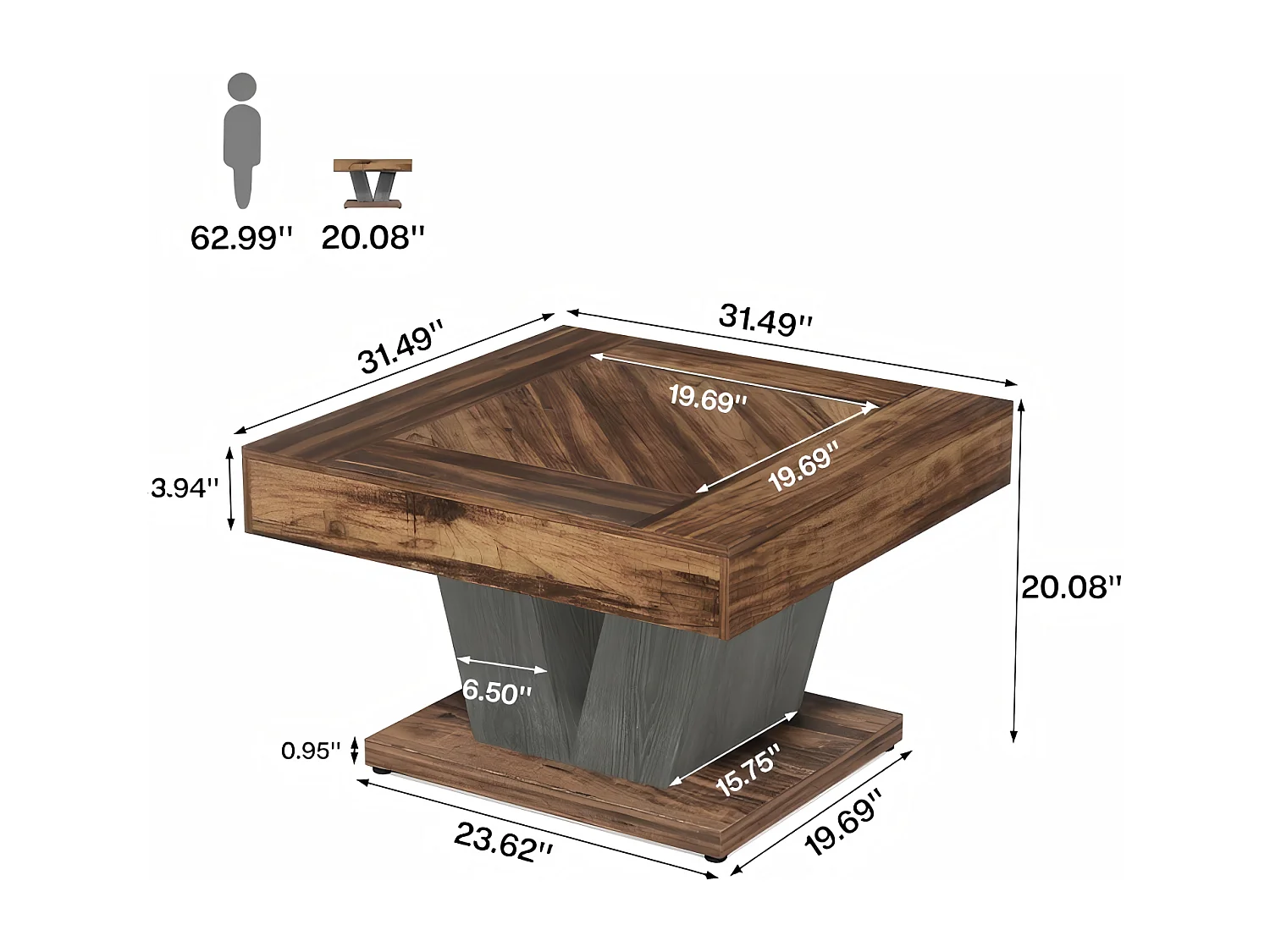 Table Basse Carrée 80cm, Table Basse En Bois Pour Salon, Moderne/Industriel/Rustique, Marron et Noir