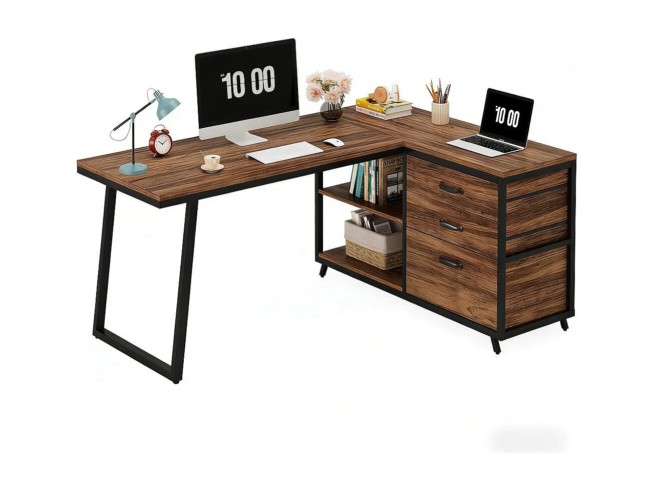 Bureau d'ordinateur 135cm en forme de L avec 3 tiroirs de rangement, marron rustique,pour bureau domicile