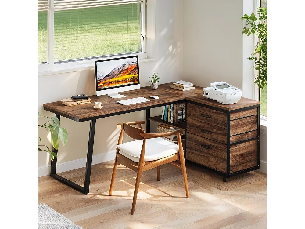 Bureau d'ordinateur 135cm en forme de L avec 3 tiroirs de rangement, marron rustique,pour bureau domicile