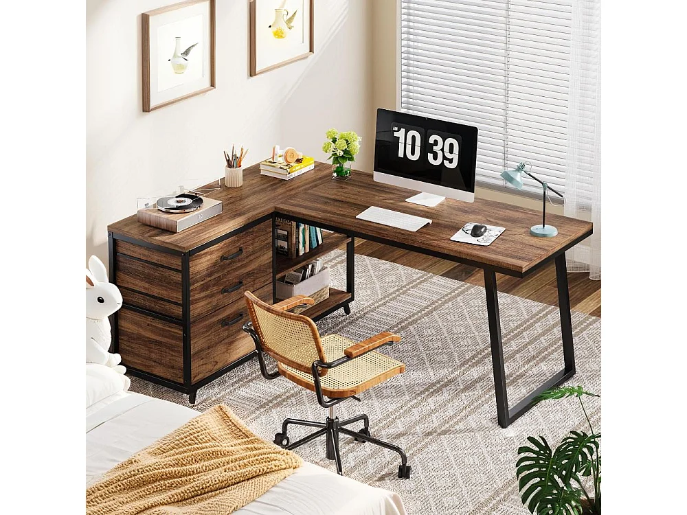 Bureau d'ordinateur 135cm en forme de L avec 3 tiroirs de rangement, marron rustique,pour bureau domicile