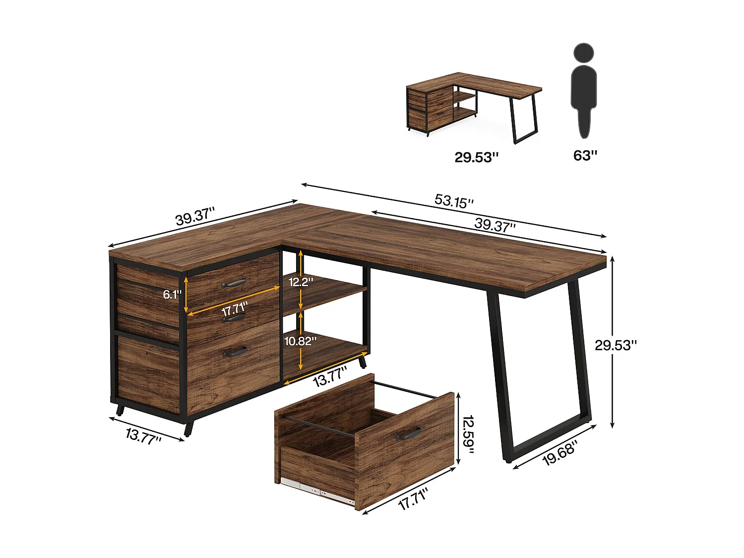 Bureau d'ordinateur 135cm en forme de L avec 3 tiroirs de rangement, marron rustique,pour bureau domicile