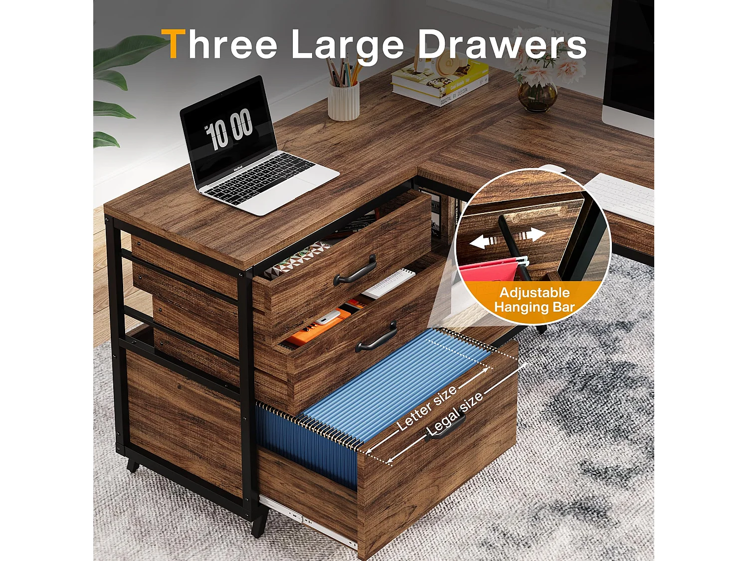 Bureau d'ordinateur 135cm en forme de L avec 3 tiroirs de rangement, marron rustique,pour bureau domicile