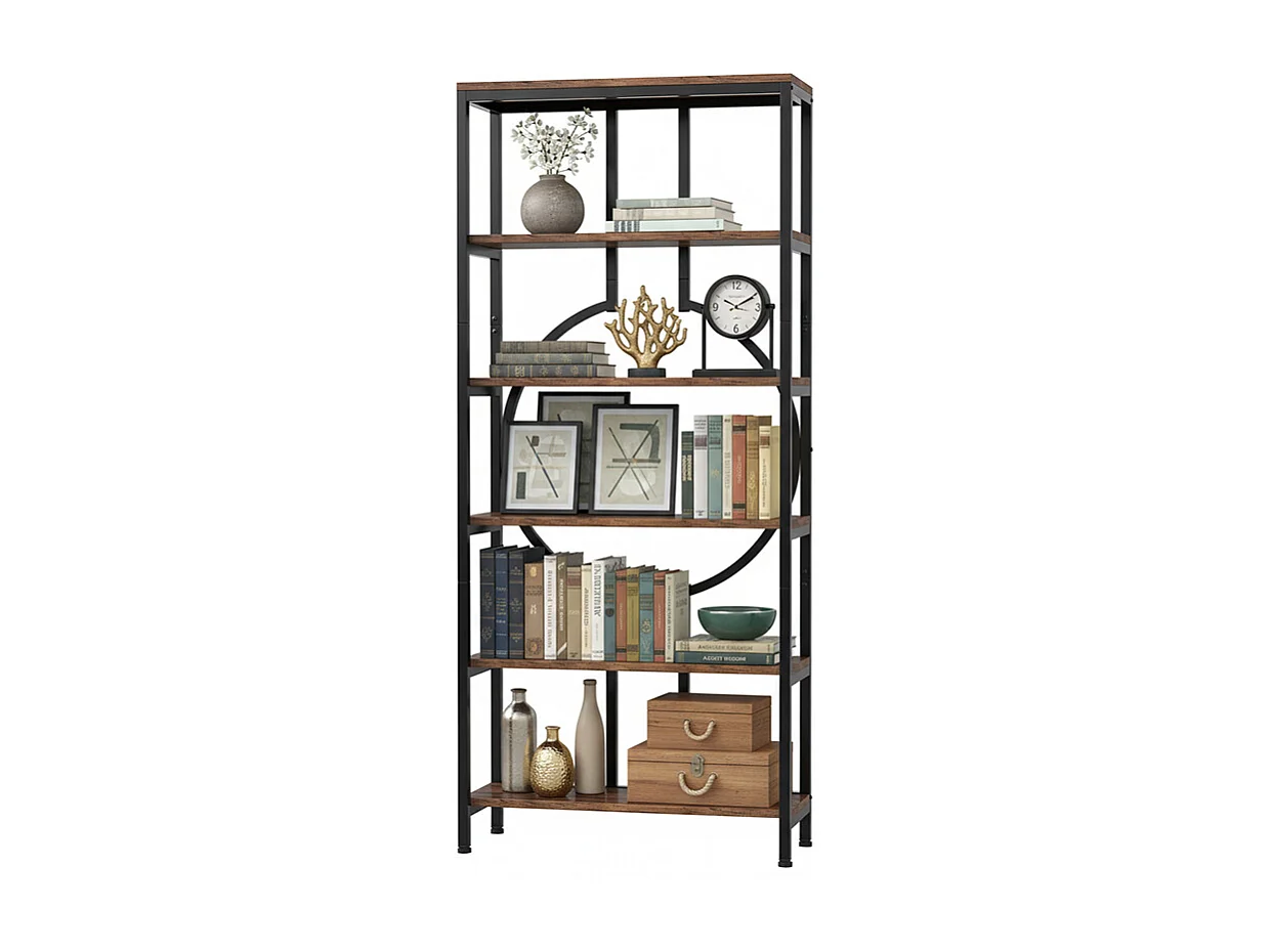 Bibliothèque Industrielle à 6 Niveaux, Haute Étagère Autonome avec Meuble de Rangement à 5 Ouvertures pour Salon