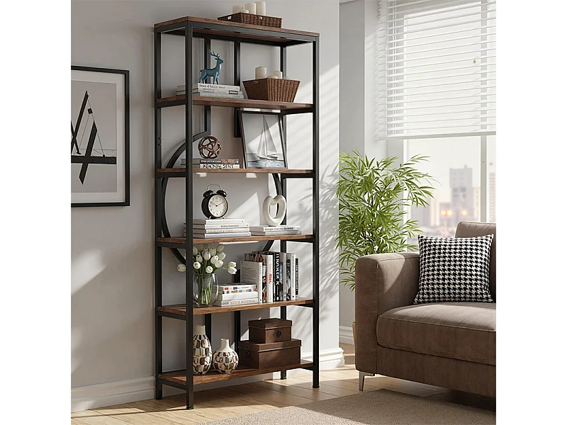 Bibliothèque Industrielle à 6 Niveaux, Haute Étagère Autonome avec Meuble de Rangement à 5 Ouvertures pour Salon