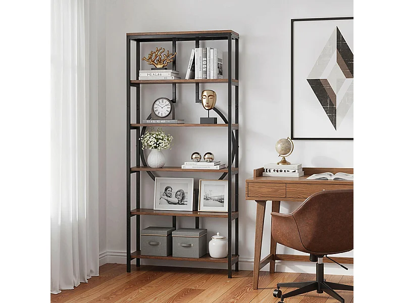 Bibliothèque Industrielle à 6 Niveaux, Haute Étagère Autonome avec Meuble de Rangement à 5 Ouvertures pour Salon