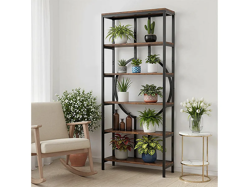 Bibliothèque Industrielle à 6 Niveaux, Haute Étagère Autonome avec Meuble de Rangement à 5 Ouvertures pour Salon