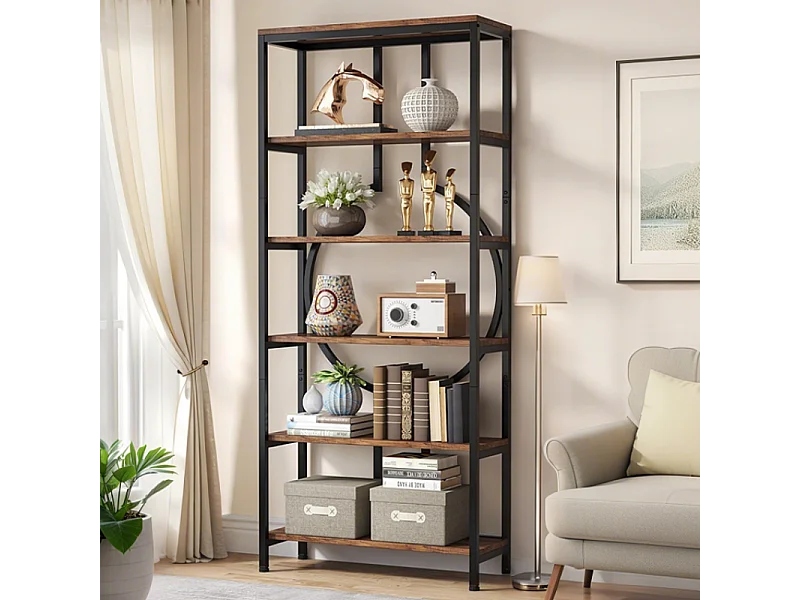Bibliothèque Industrielle à 6 Niveaux, Haute Étagère Autonome avec Meuble de Rangement à 5 Ouvertures pour Salon